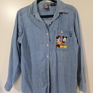 Disney Blue Denim Shirt with Mickey and Minnie Embroidery